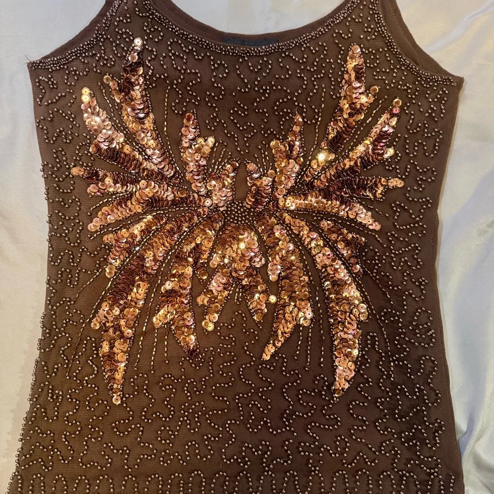 Brown Sequin Embellished Sleeveless Tank Top - Picture 2 of 7